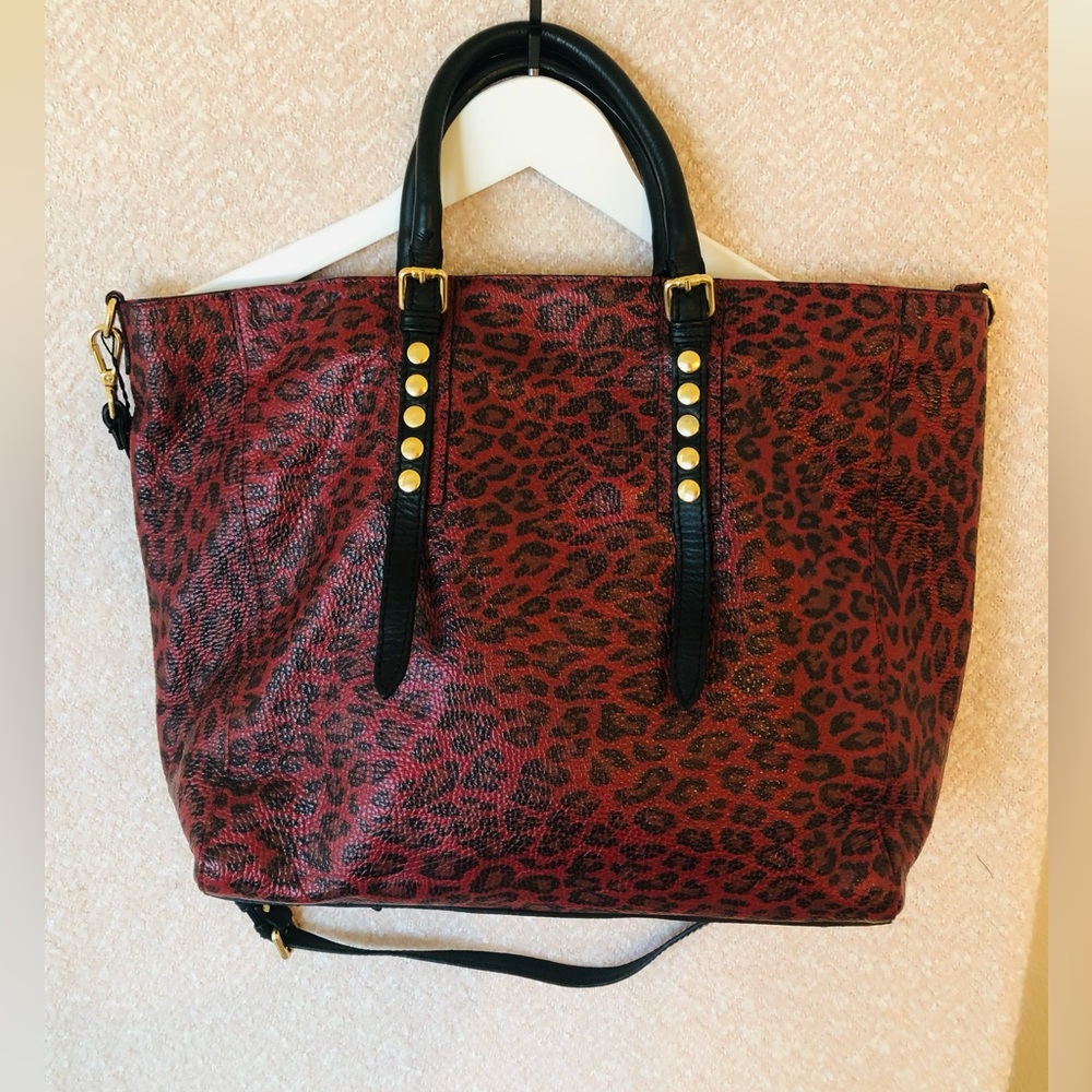 Red Leopard Print Tote with Black Handles and Gold Accents NWOT